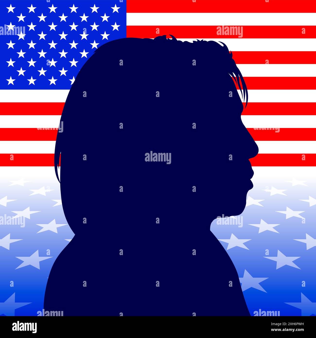 USA, Jahr 2024, Kamala Harris, USA, Profilporträt, Silhouette auf amerikanischer Flagge, Illustration Stockfoto