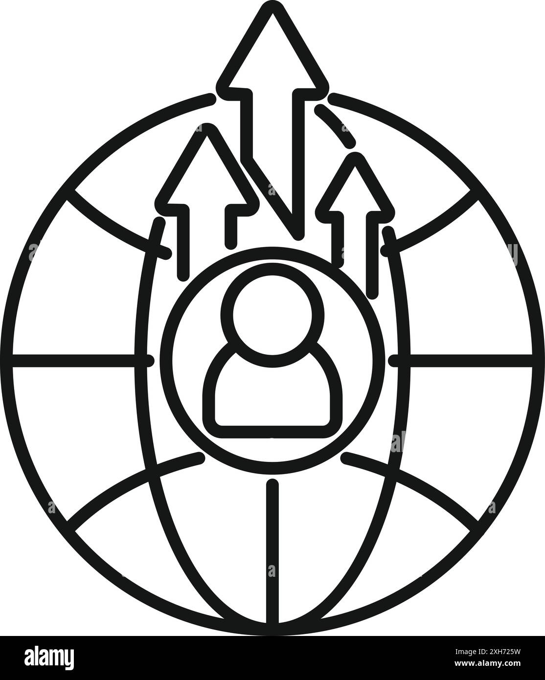 Der stilvolle Geschäftsmann steht im Mittelpunkt der Welt mit wachsenden Pfeilen, die das Konzept der globalen Expansion repräsentieren Stock Vektor