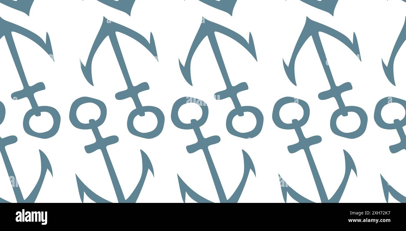 Blaue Schiffsanker isoliert auf weißem Hintergrund. Niedliches nahtloses Schwarzweiß-Muster. Vektor einfache flache Grafik-Illustration. Vorlagenhintergrund für Tex Stock Vektor