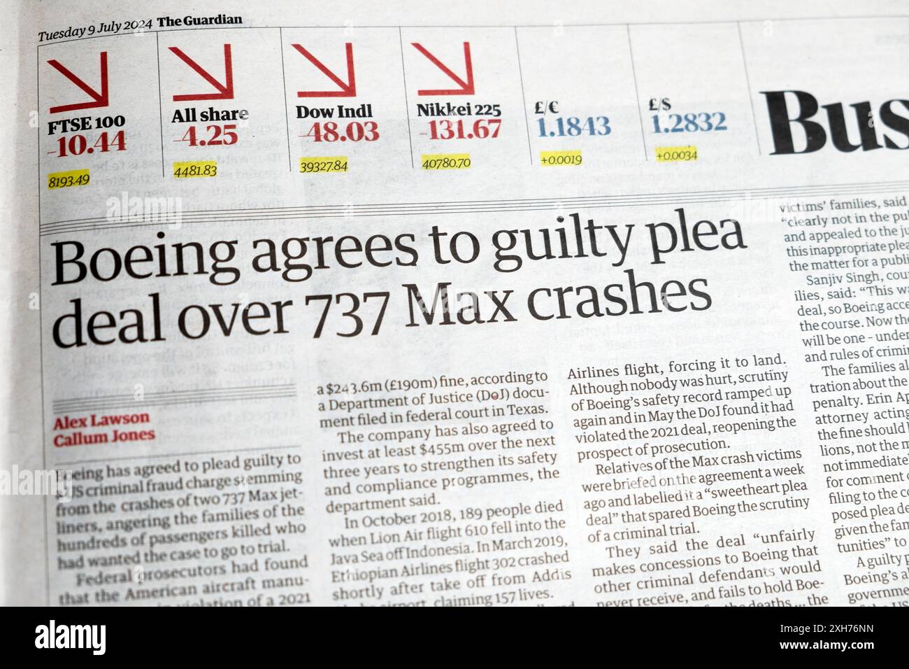 "Boeing stimmt dem Schuldspruch über 737 Max Crashes zu." Guardian Zeitung Schlagzeile kriminelle Betrugsfälle Gerichtsverfahren artikel 9 Juli 2024 London UK Stockfoto