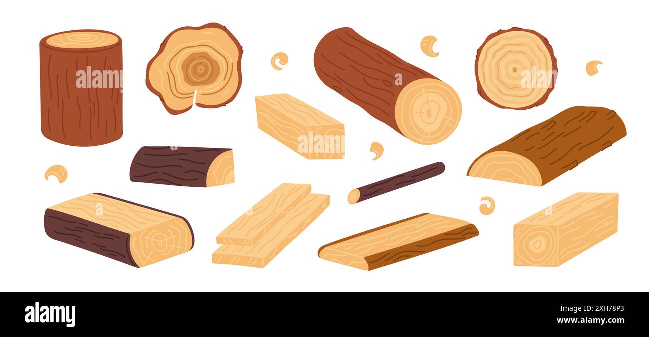 Holzscheite. Natürliche Bau- und Tischlermaterialien. Holzbalken. Hartholzdielen und Baumstümpfe. Holzindustrie. Holzelemente. Gehacktes Brennholz. C Stock Vektor