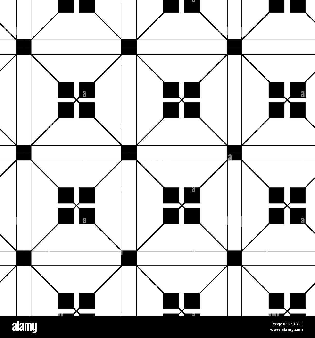 Abstraktes geometrisches Muster mit Quadraten, Streifen, Linien. Nahtloser Vektorhintergrund. Weißes und schwarzes Ornament. Modernes, vernetztes Grafikdesign. Stockfoto