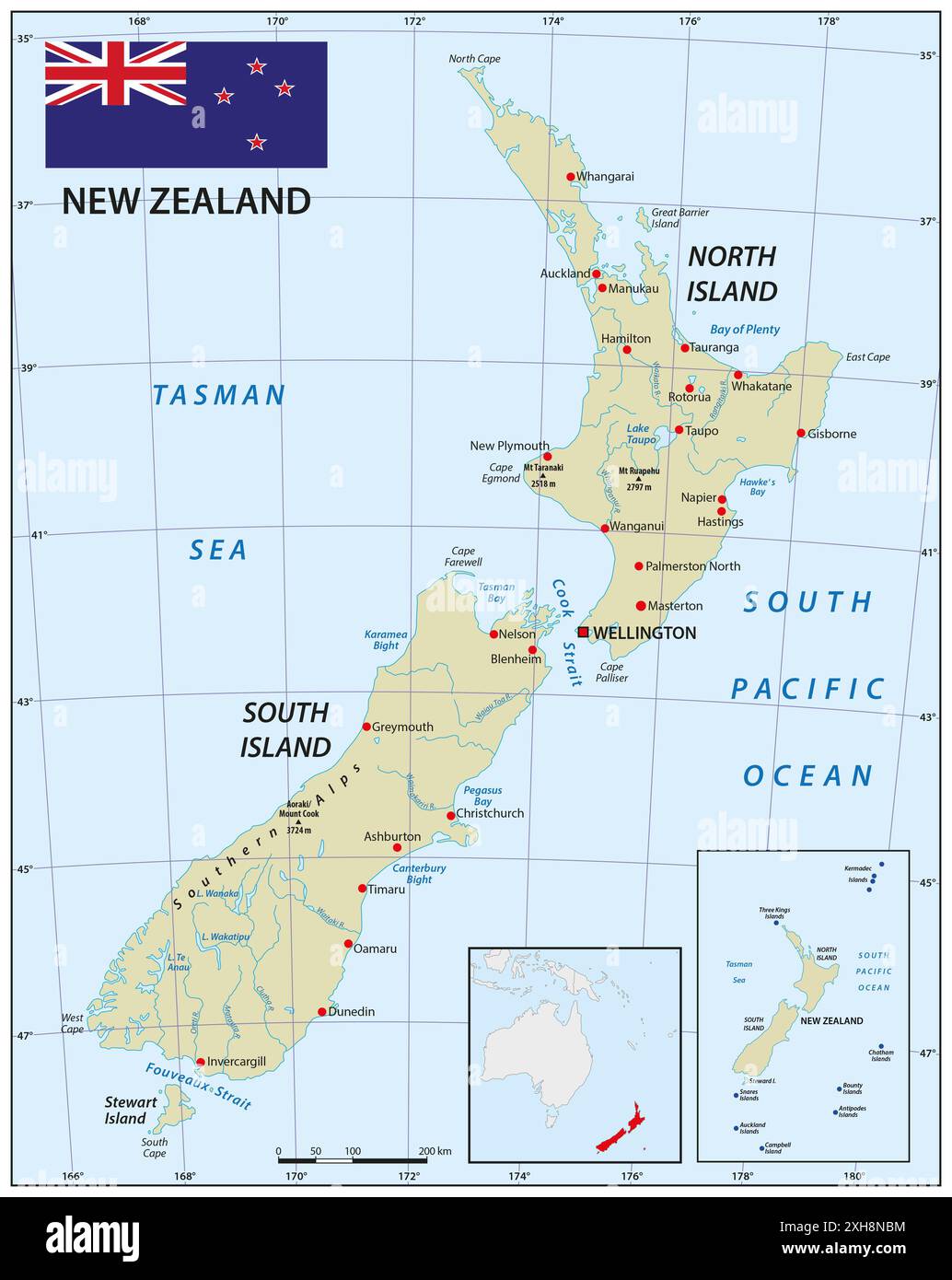 Vektorkarte von neuseeland Karte mit Flagge Stockfoto