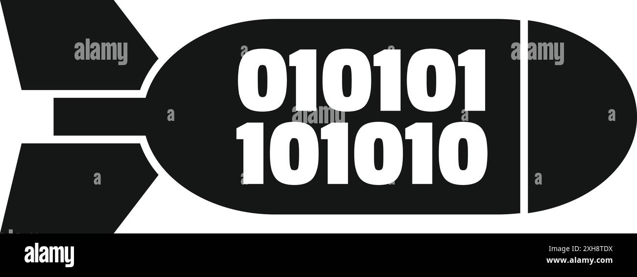 Schwarz-weiß-Symbol einer Bombe mit Binärcode, der einen Cyberangriff darstellt Stock Vektor
