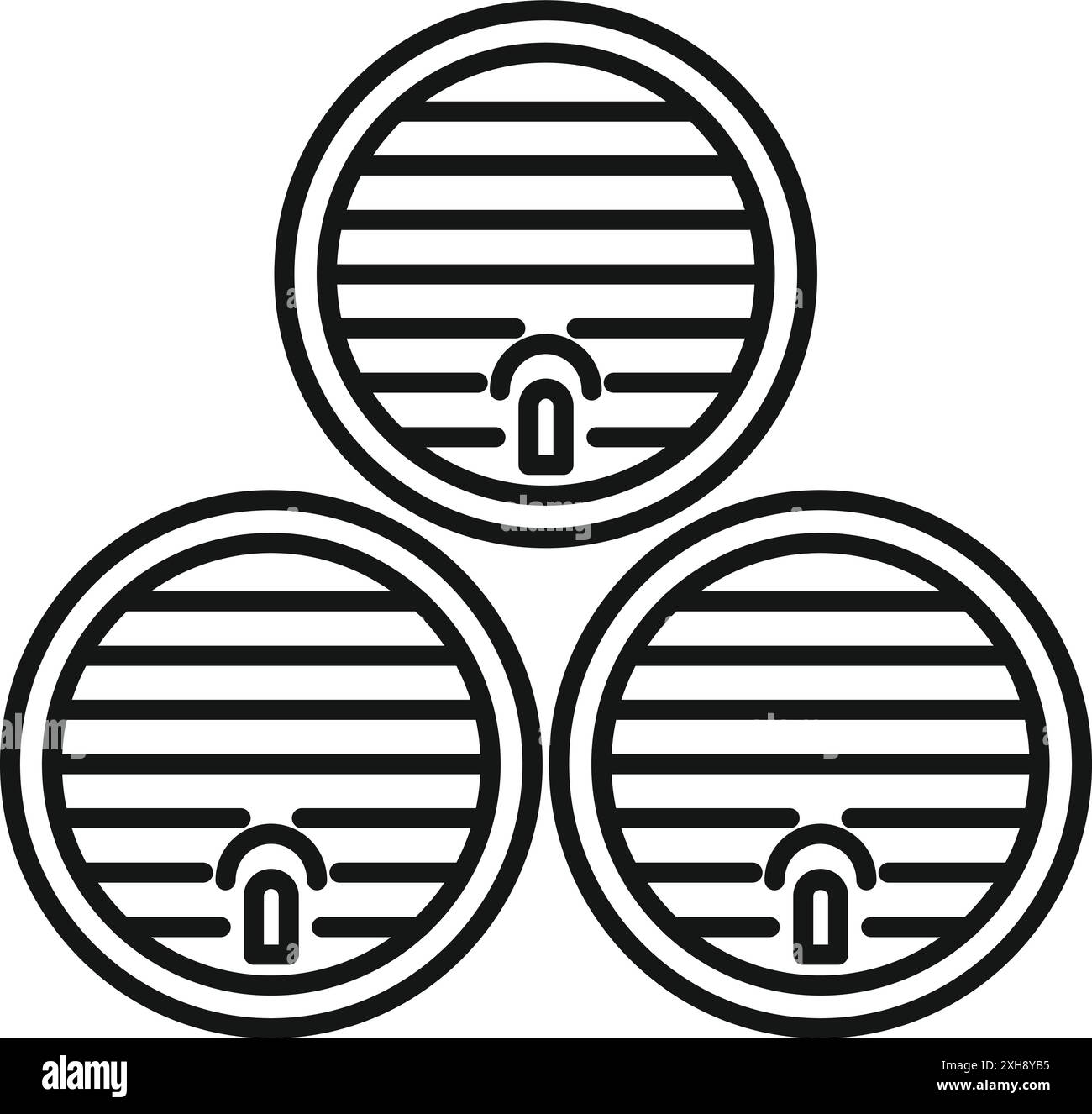 Drei Holzfässer sind pyramidenförmig gestapelt und stehen für die Weinbereitung, das Brauen oder die Lagerung von alkoholischen Getränken Stock Vektor