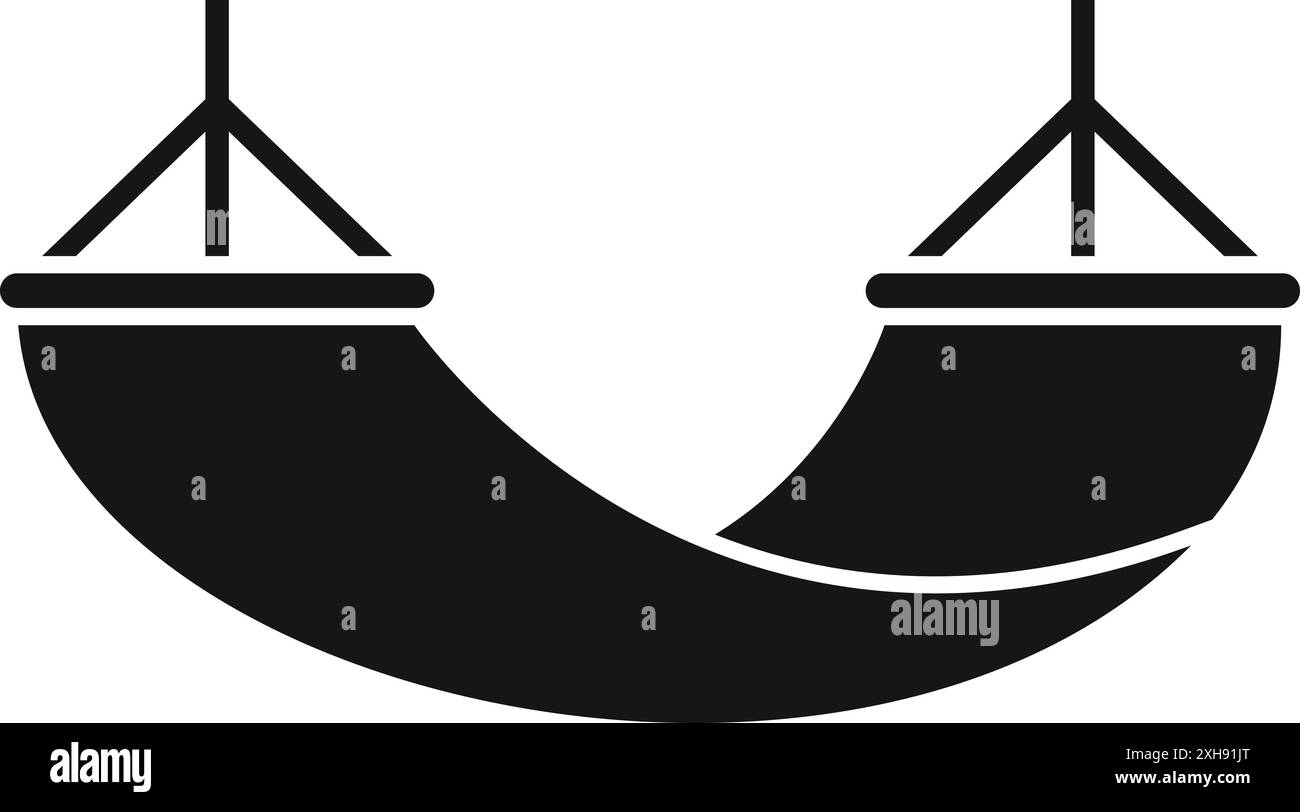 Einfache schwarze Glyphe, die eine Hängematte darstellt, die an zwei Holzsäulen hängt, perfekt zur Illustration von Konzepten der Entspannung und des Urlaubs Stock Vektor