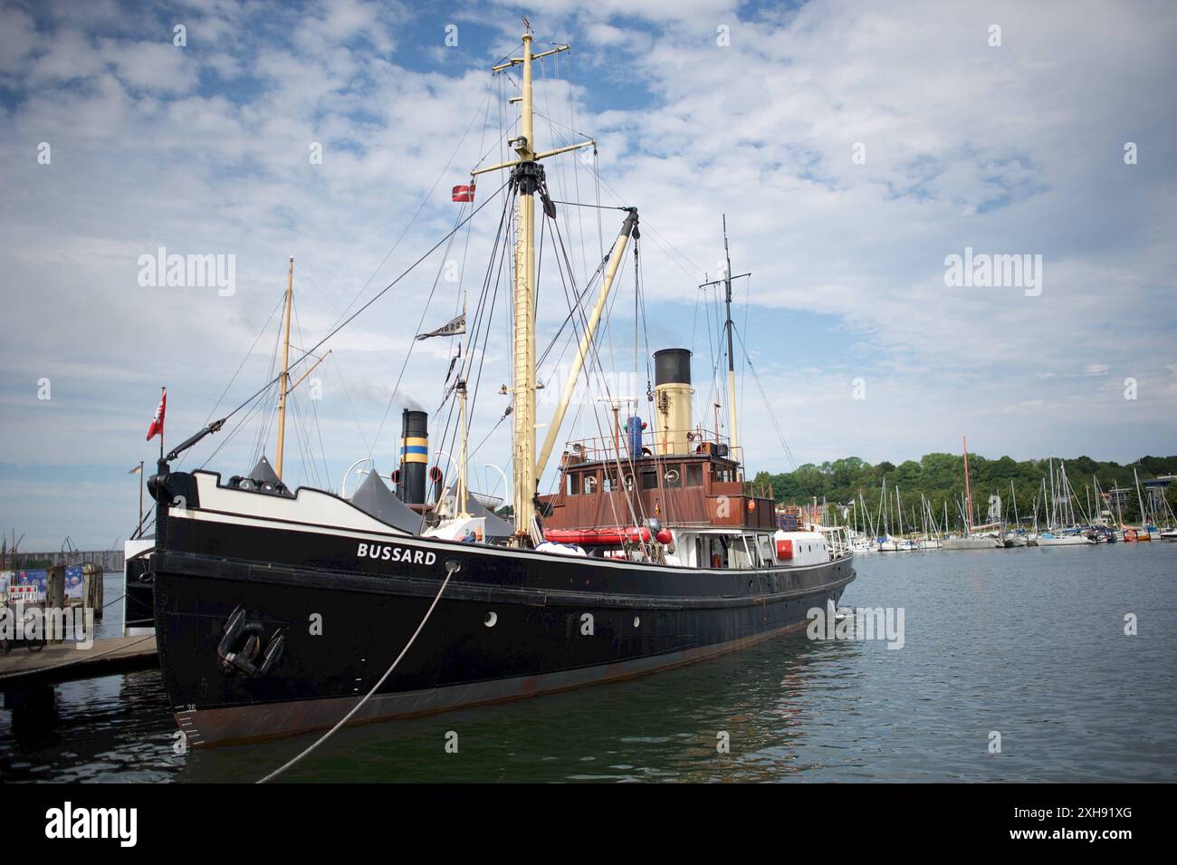 Flensburg, Schleswig-Holstein Dampfrundum 2024 Flensburg, die BUSSARD, ein Tonnenleger, wurde 1906 von der Meyer-Werft in Papenburg gebaut. Mit einer Dreifach-Expansionsdampfmaschine von 540 PS leistete das Schiff 74 Jahre lang als Tonnenleger und Eisbrecher Dienst, bis es am 31. Dezember 1980 außer Dienst gestellt wurde. 1981 wurde die BUSSARD an das Kieler Schifffahrtsmuseum übergeben und lag dort 20 Jahre als Museumsschiff. Ab 2001 begann die Restaurierung zur Fahrfähigkeit, die 2006 mit der Genehmigung als Traditionsschiff und 2007 mit der Anerkennung als schwimmendes Denkmal abgeschlossen Stockfoto