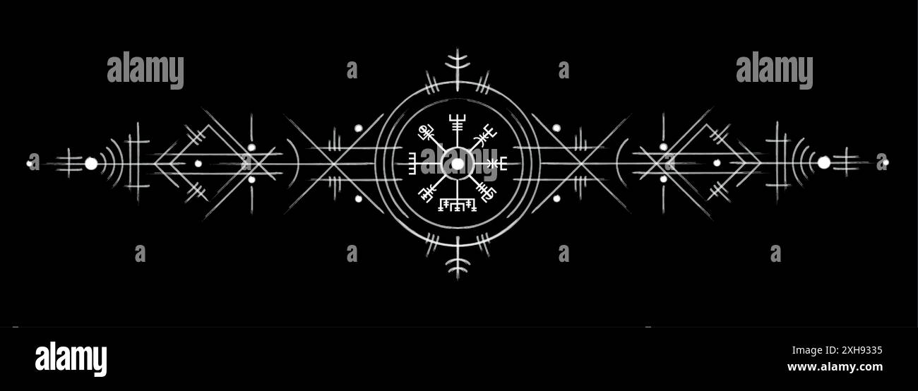 Vegvisir Magic Navigation Kompass handgezeichnet Stil. Altes wikingerschild in Art Deco. Der Asatru verwendete viele Symbole in Übereinstimmung mit der nordischen Mythologie Stock Vektor