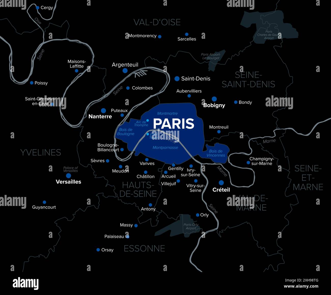 Paris, Département und Hauptstadt Frankreichs, dunkle politische Karte. Petite Couronne, der innere Ring, ein Teil der Ile-de-France, gebildet von drei Departements. Stockfoto