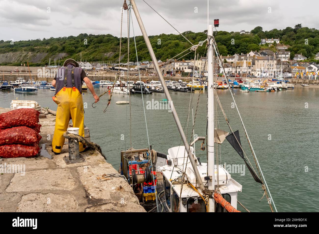 Fisherman entlädt seinen Fang im Hafen Stockfoto