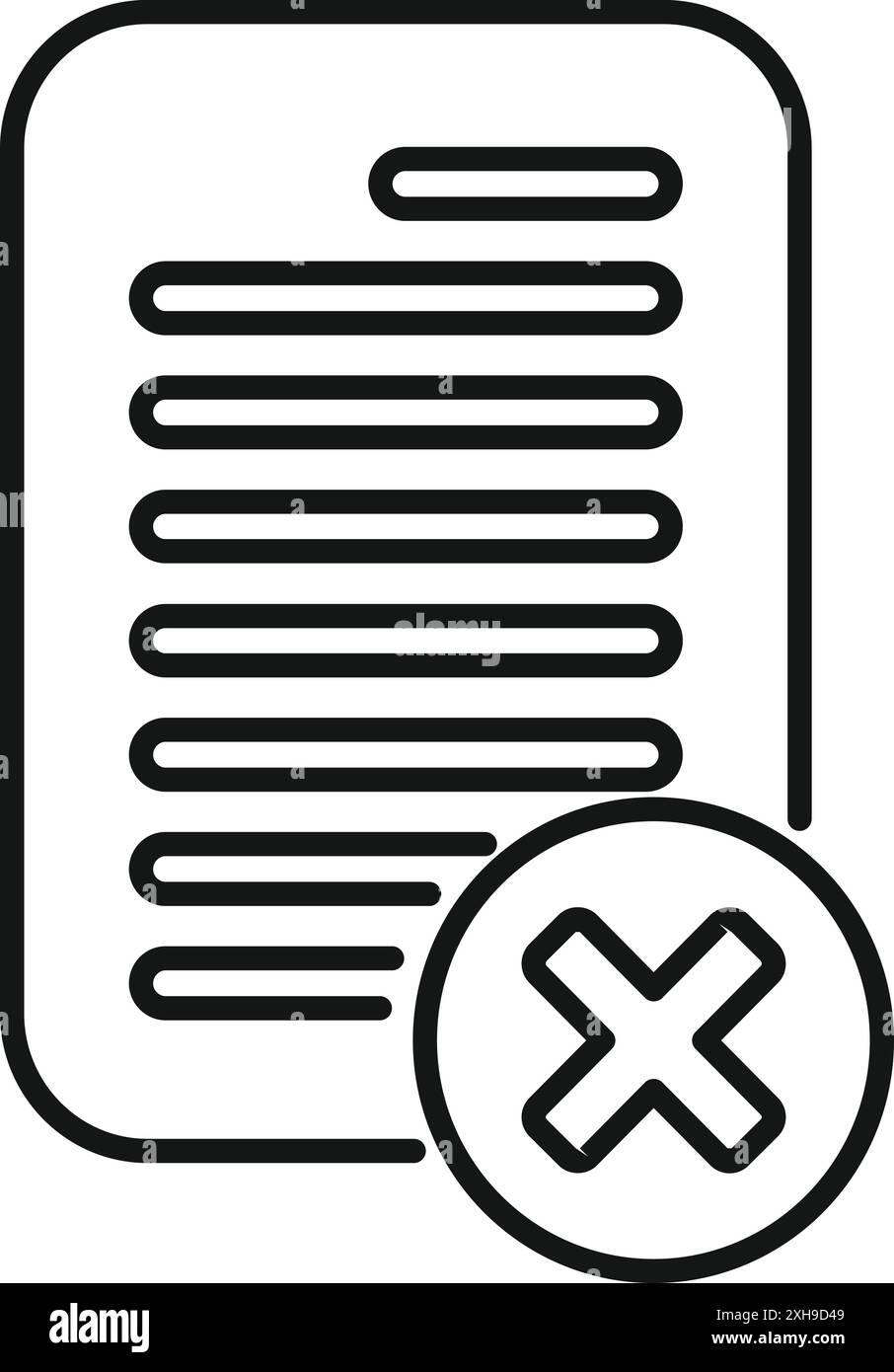 Einfaches Zeilensymbol eines Dokuments, das abgelehnt wird, mit einem großen Kreuz darüber Stock Vektor