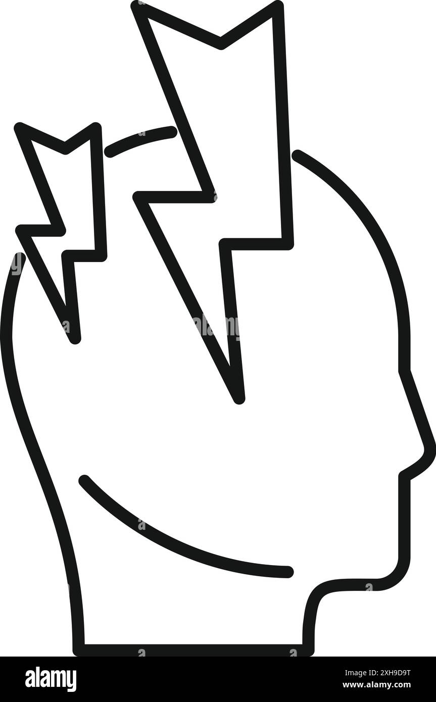 Linienzeichnung eines menschlichen Kopfprofils mit Blitzschlägen, die eine plötzliche Idee oder Inspiration symbolisieren Stock Vektor