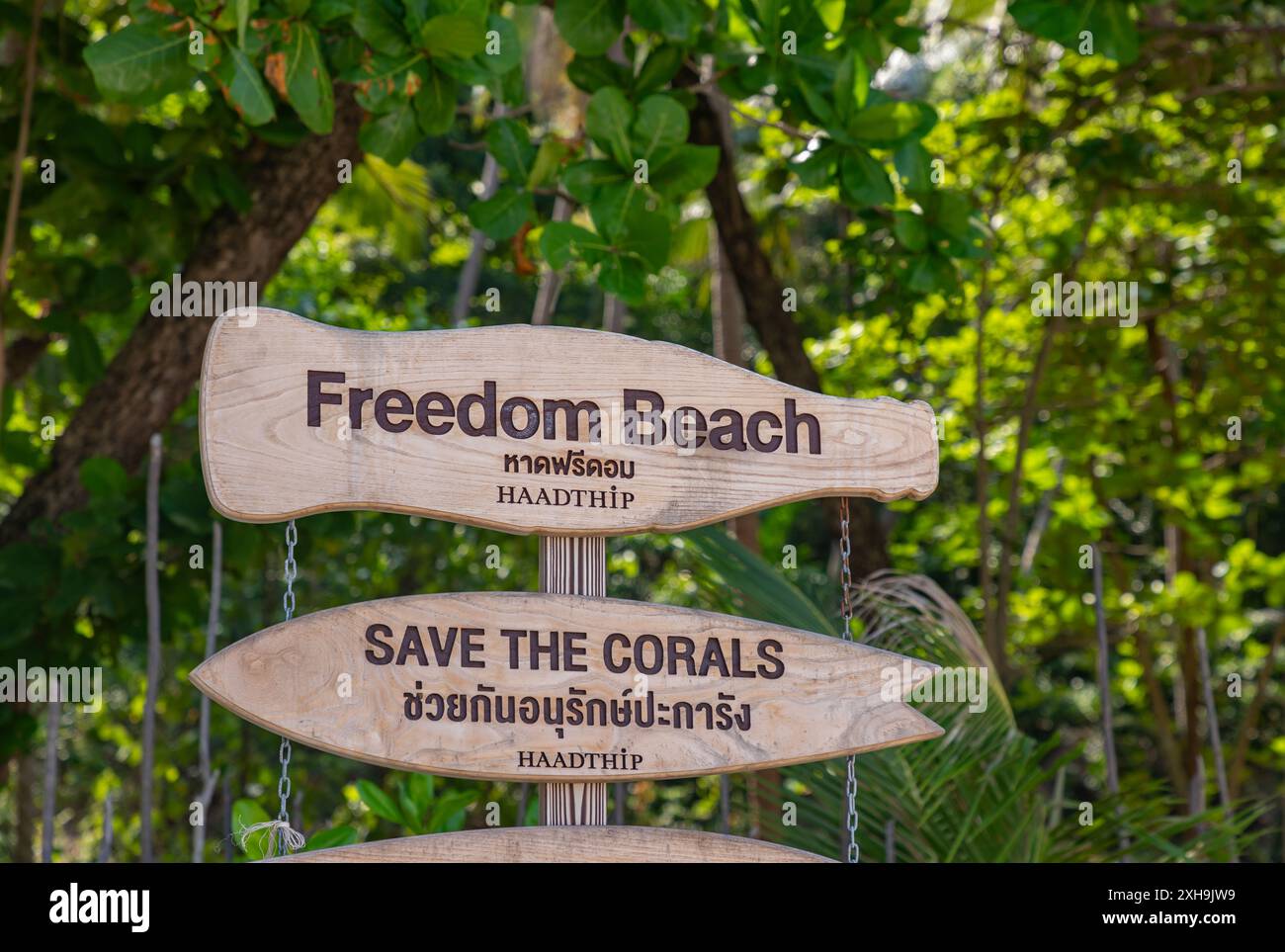 Ein Bild von einem Freedom Beach Schild vor dem Wald in Phuket. Stockfoto