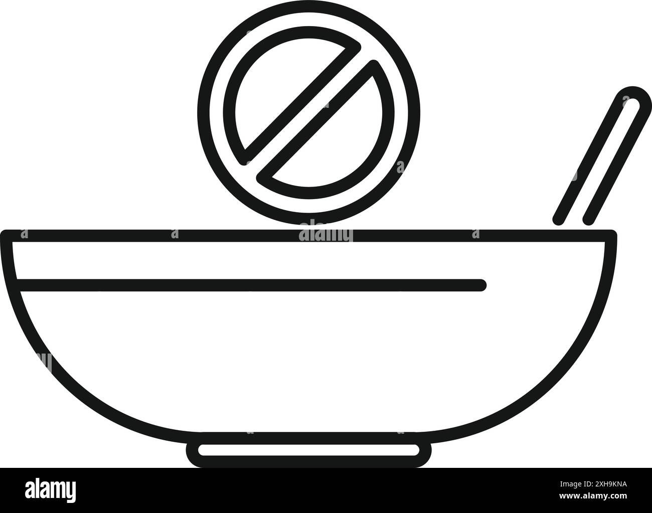 Linienzeichnung einer leeren Schüssel mit einem Löffel und einem verbotenen Symbol, die den Begriff der Essstörungen vermittelt Stock Vektor