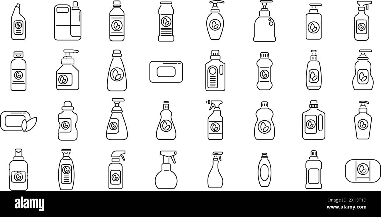 Symbole für umweltfreundliche Reinigungsprodukte gesetzt. Satz von Strichsymbolen mit einer Vielzahl von umweltfreundlichen Reinigungsmittelbehältern, die natürliche und nachhaltige Praktiken hervorheben Stock Vektor
