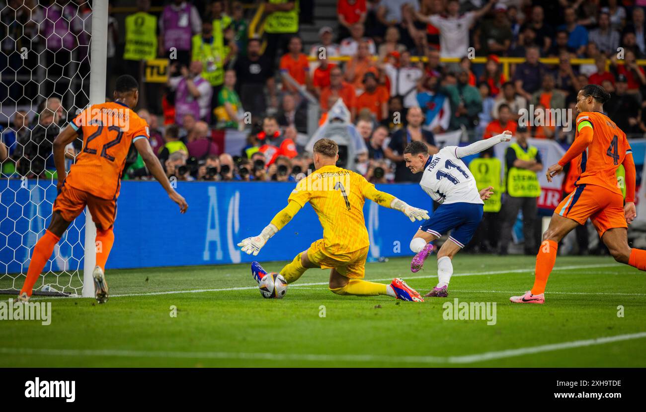 Dortmund, Deutschland. Juli 2024. Phil Foden (eng) Bart Verbruggen (NED) Denzel Dumfries (NED) Virgil van Dijk (NED) Niederlande - England Niederland Stockfoto