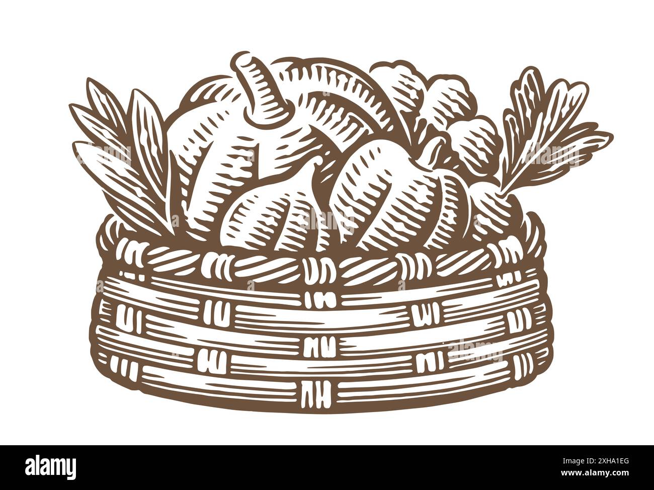 Rohes Gemüse im Korb. Frische Bio-Bauernkost. Handgezeichnete Vektorillustration im skizzenhaften Vintage-Stil Stock Vektor