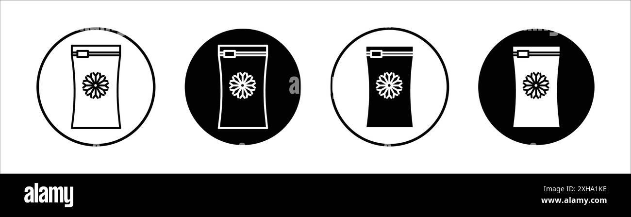 Gefrorene Lebensmittelbeutel Icon Vektorsymbol oder Schild Set Kollektion in schwarz-weiß Umrisse Stock Vektor