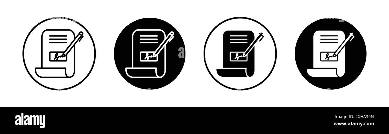Symbol Signatur in Dokumenten Vektorsymbol oder Sammlung von Zeichensätzen in Schwarzweiß-Umrandung Stock Vektor