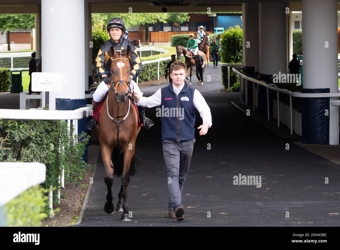 Ascot, Berkshire, Großbritannien. Juli 2024. Jockey Josh Thompson Reitpferd Charles St begibt sich auf die Rennstrecke, um beim Foundation Developments Property Race Day Charity Race auf der Ascot Racecourse auf dem Summer Mile Property Raceday zu Rennen. Besitzer des Cheltenham & South West Racing Club, Trainer Fergal O'Brien, Withington, Züchter Stetchworth & Middle Park Studs Ltd Quelle: Maureen McLean/Alamy Live News Stockfoto