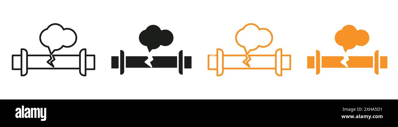 Korrosion Rost durch Ventilrohr Dampf Gas Leck Pipeline Symbol Vektorsymbol oder Schild Set Sammlung in schwarz-weiß Umriss Stock Vektor