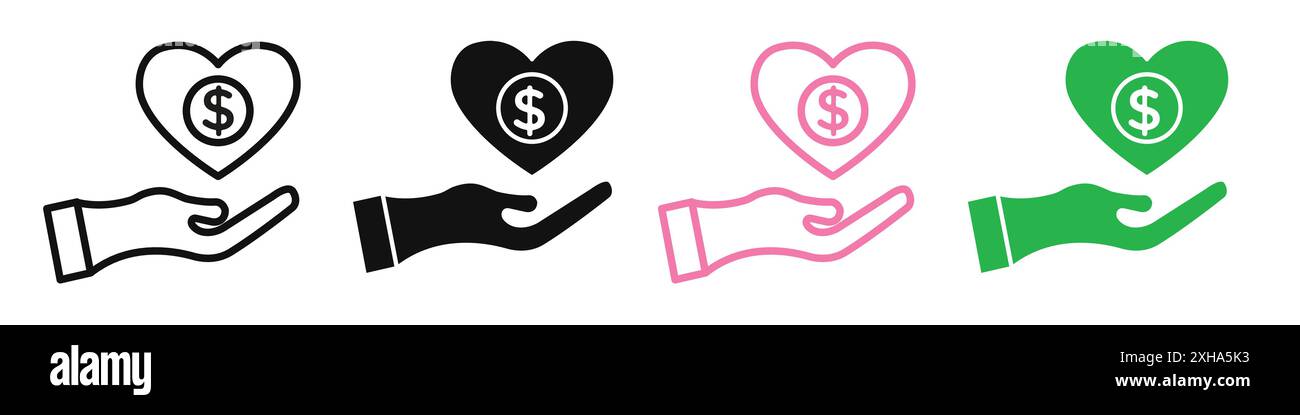 Spendensymbol Vektorsymbol oder Zeichensatzsammlung in Schwarzweiß-Umrandung Stock Vektor