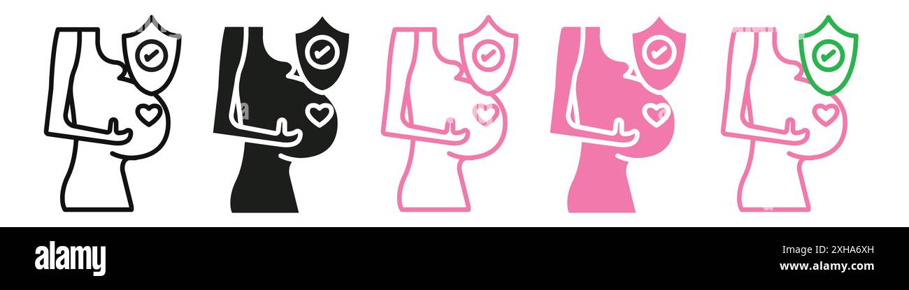 Schwangerschaftsversicherung Symbol Vektor-Symbol oder Schild Set Sammlung in schwarz-weiß-Umriss Stock Vektor