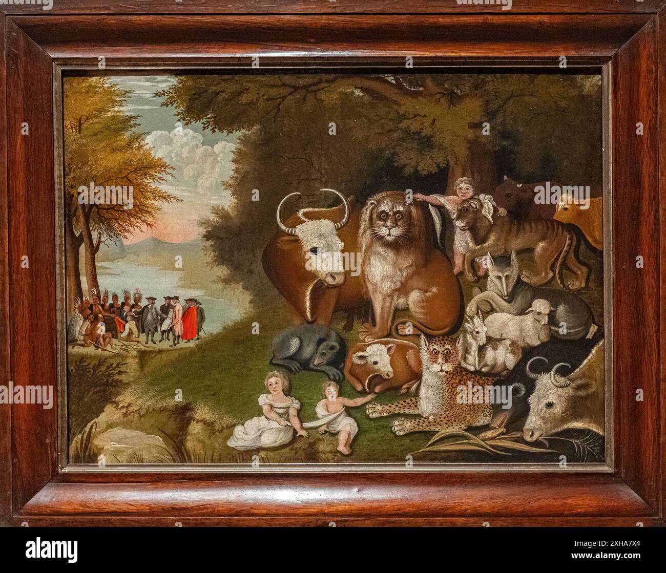 1833 „The Peaceable Kingdom“ von Edward Hicks (1780–1849) aus der Sammlung der Pennsylvania Academy of Fine Arts, ausgestellt im Albuquerque Museum Stockfoto