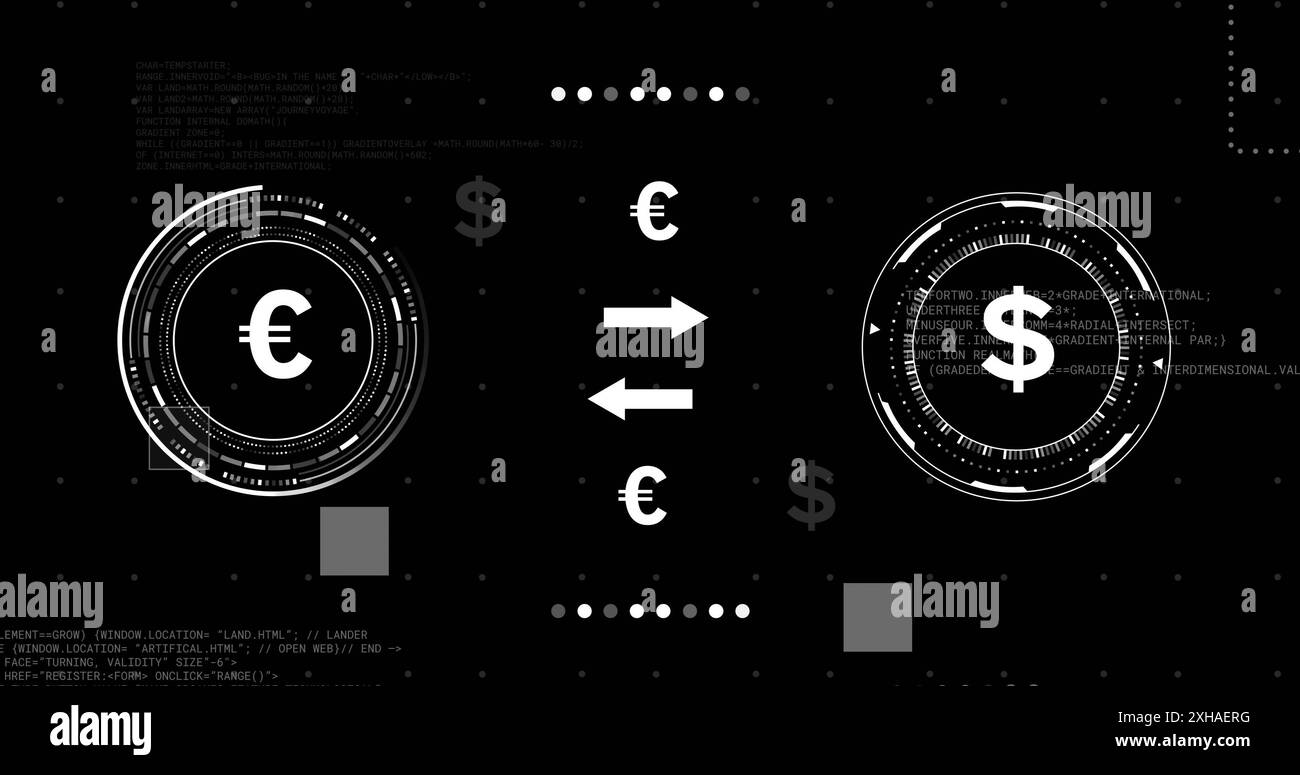 Digitaler Währungsumtausch mit Euro- und Dollarsymbolen, Pfeile zur Anzeige der Umrechnung Stockfoto