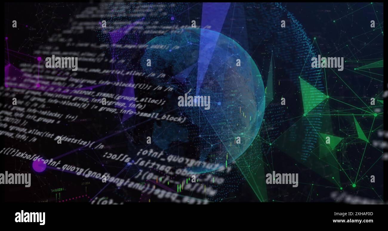 Digitaler Code, der den Globus überlagert und die globale Technologie- und Finanzintegration repräsentiert Stockfoto