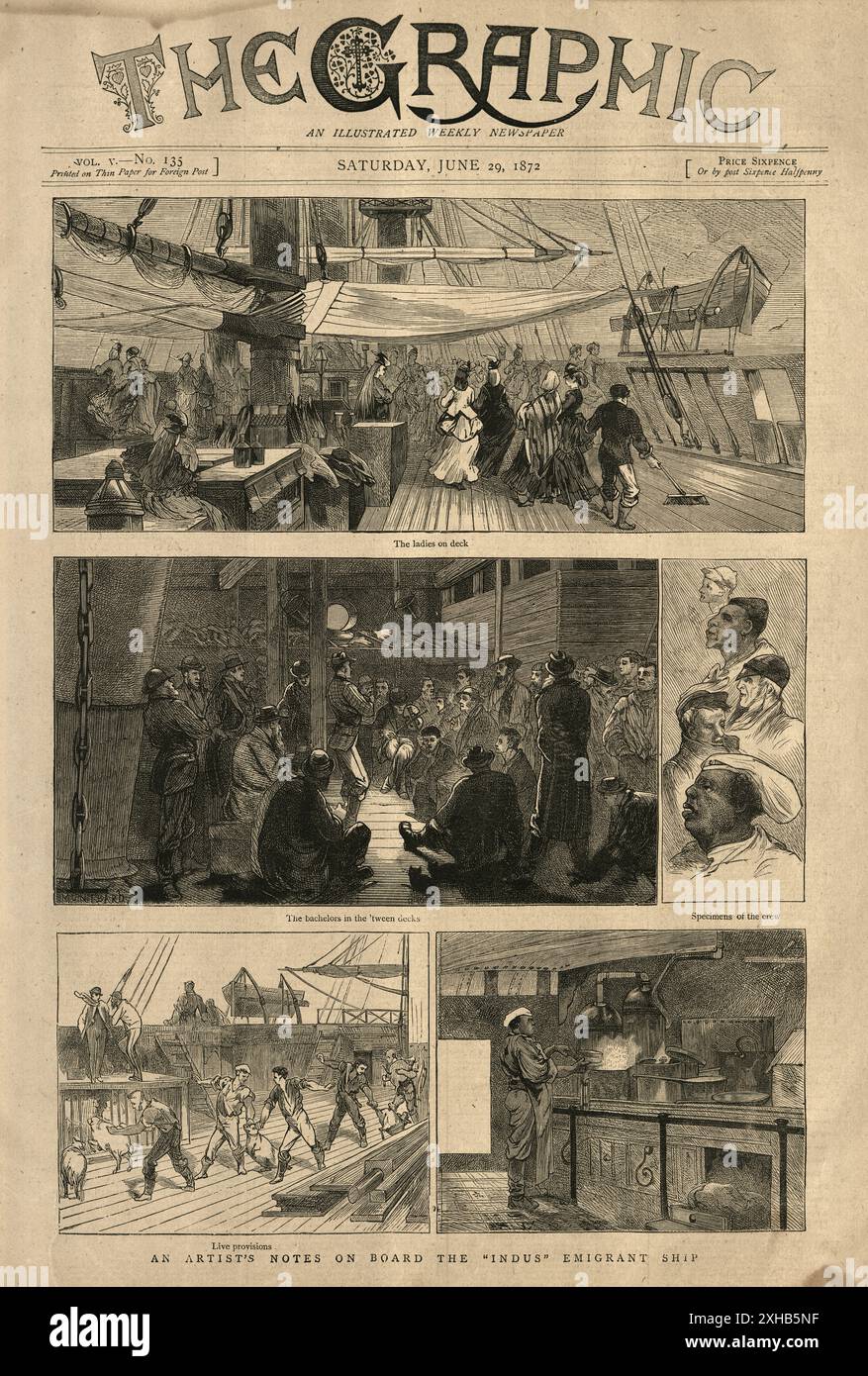 Skizzen an Bord des SS-Indus-Auswanderungsschiffs 1872, 19. Jahrhundert, Vintage-Illustration Stockfoto