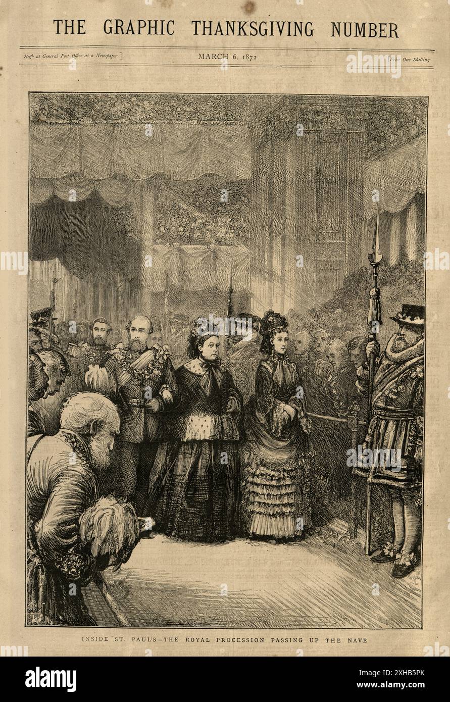 Queen Victoria, St. Paul's Cathedral ein Gottesdienst zum Thanksgiving in Anerkennung für die jüngste Wiedererlangung des Prinzen von Wales von Typhus, 1872 19. Jahrhundert, Vintage Illustration Stockfoto