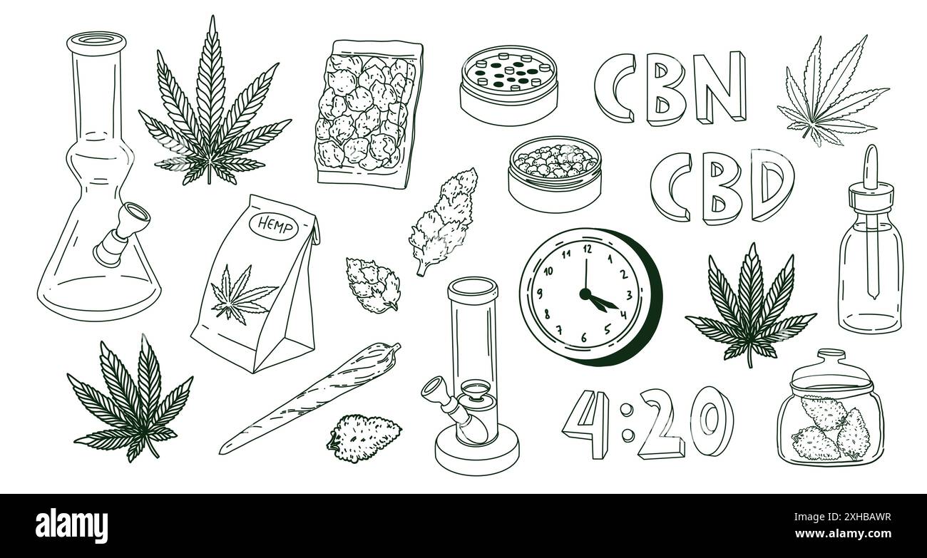 Cannabis-Elemente setzen Bong, Marihuanablatt, Gelenk und cbd-Öl. Vektor-Illustration in Kritzelumrandung Hand gezeichneter Stil Stockfoto