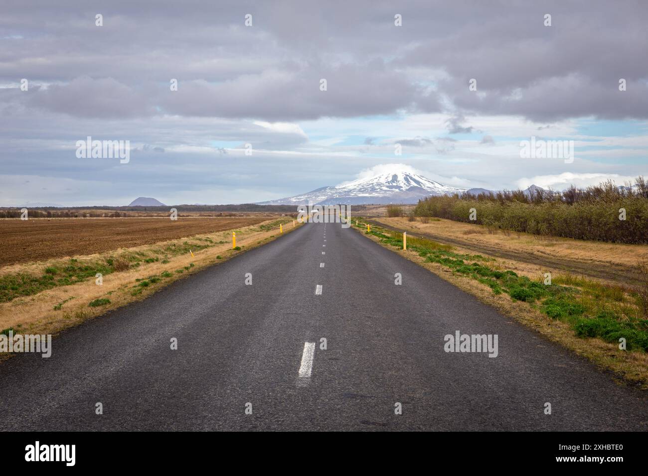 Gerade Asphaltstraße durch das Grasland des Südens Islands mit gelben Straßenmarkierungen und schneebedecktem Hekla-Vulkan im Hintergrund. Stockfoto
