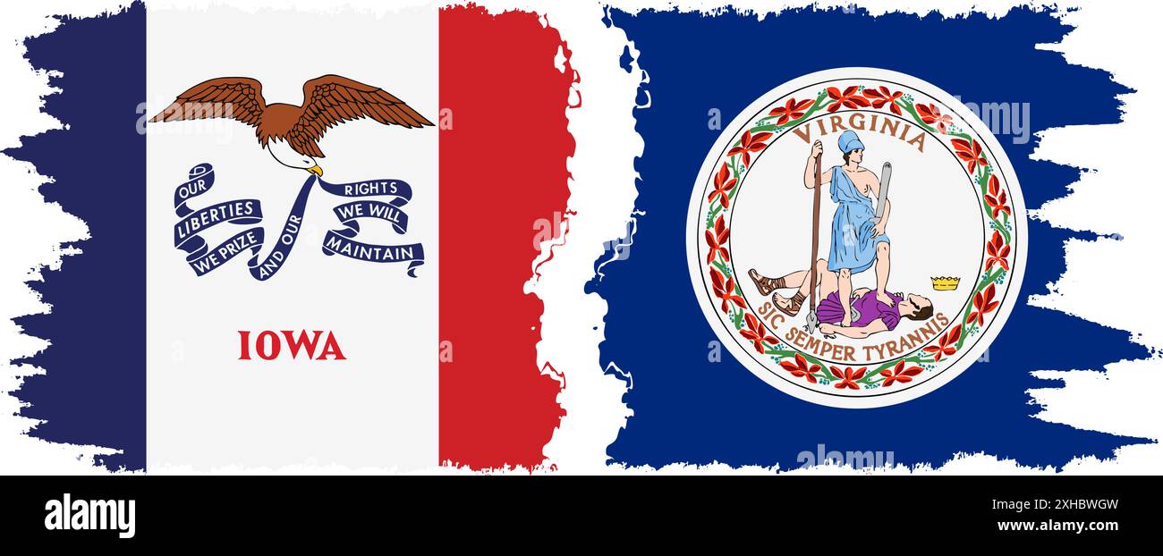 Virginia und Iowa staaten Grunge Pinsel Flags Verbindung, Vektor Stock Vektor
