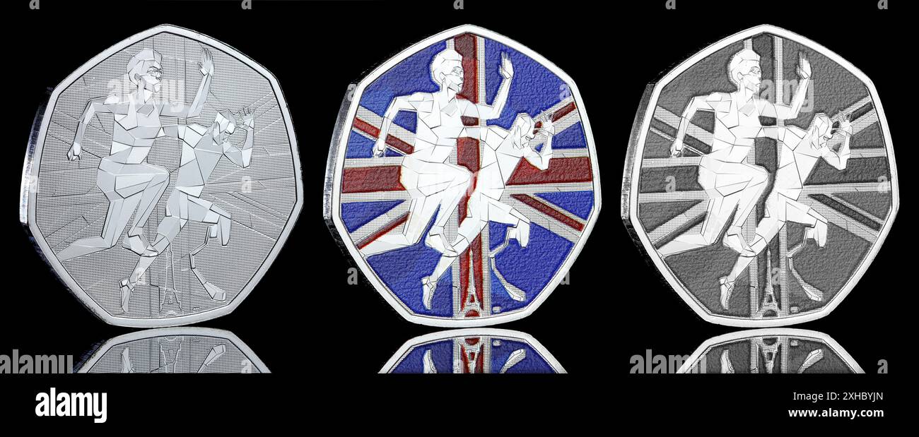 Eine 50p-Münze, die von der Royal Mint veröffentlicht wurde, um das Team GB und die Paralympics zu feiern, die an den Olympischen Spielen 2024 in Paris teilnahmen Stockfoto