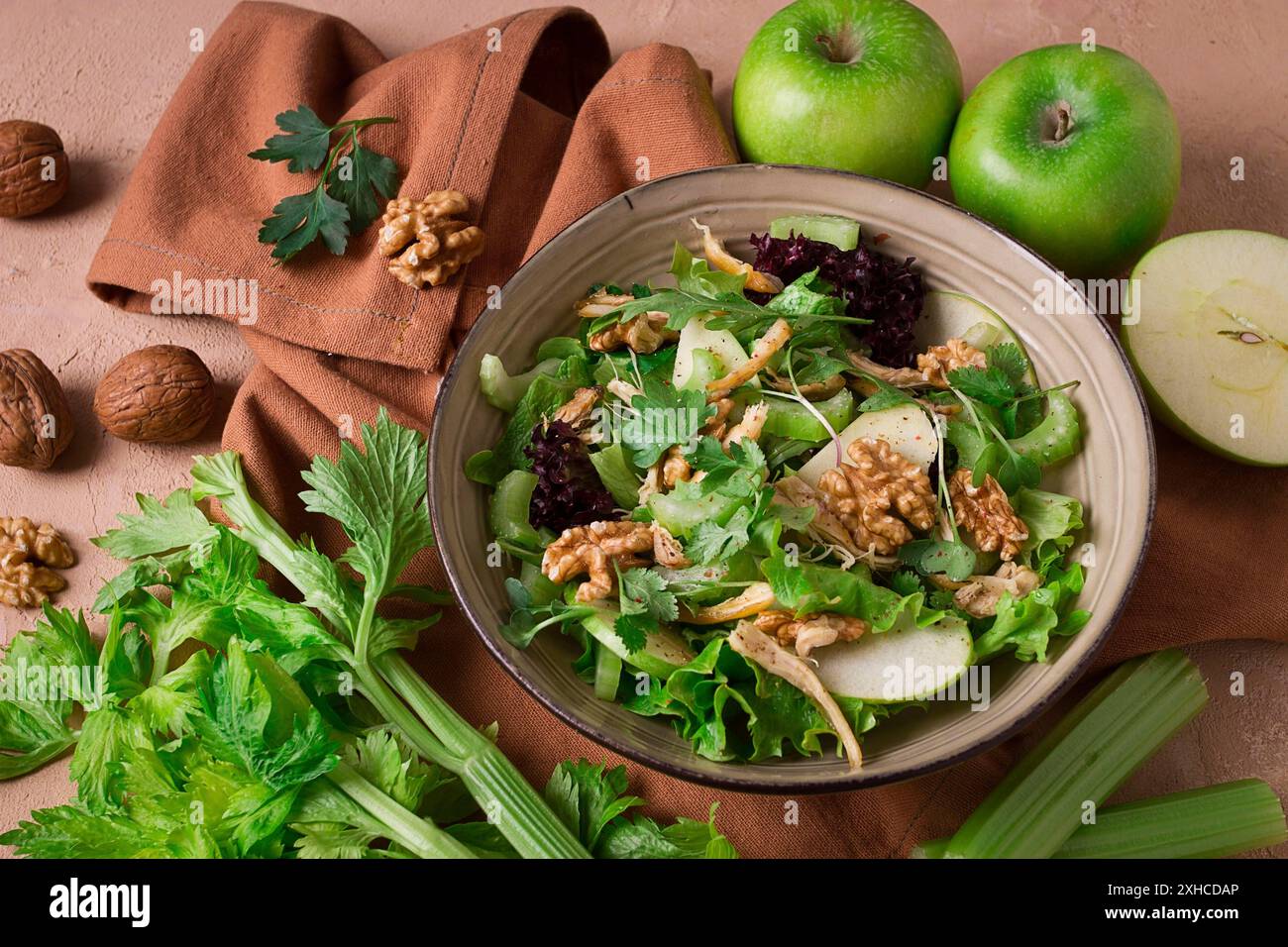 Frischer Waldorfsalat, Selleriehalm mit Huhn, Apfel und Walnuss, Trauben, Kräuter, hausgemacht, keine Personen Stockfoto