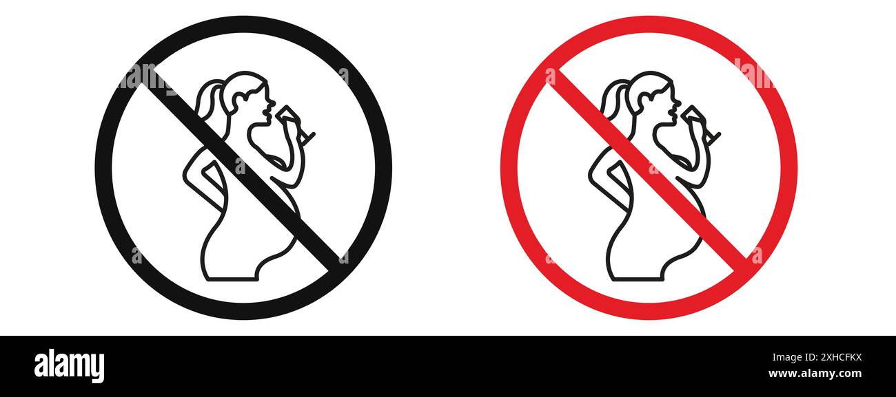 Kein Alkohol während der Schwangerschaft Zeichen Vektorsymbol oder Zeichen Set Sammlung in schwarz-weiß Umriss Stock Vektor