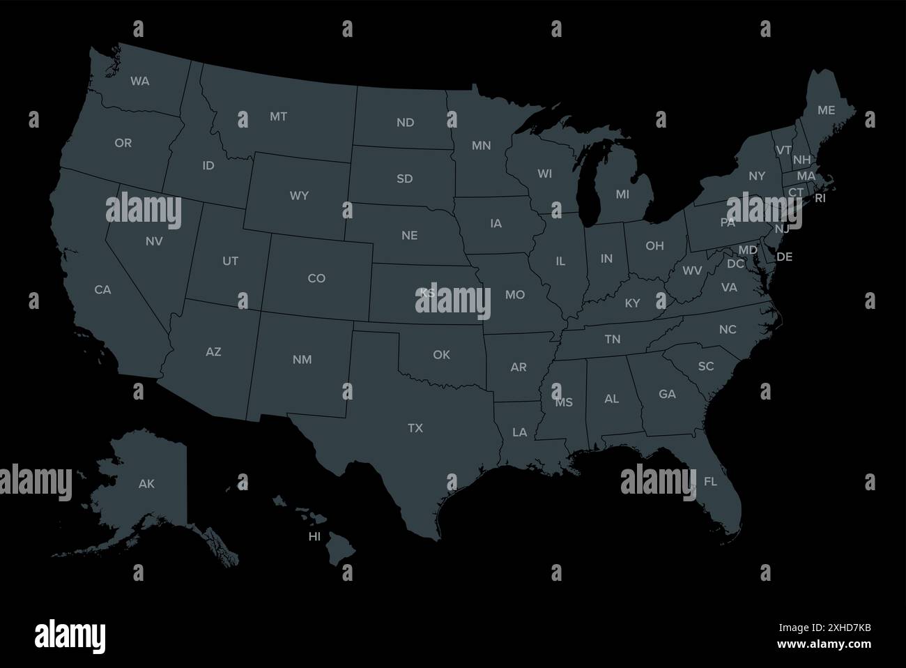 Vereinigte Staaten von Amerika, dunkle politische Karte. Fünfzig staaten mit ihren eigenen geografischen Gebieten und Grenzen. Stockfoto