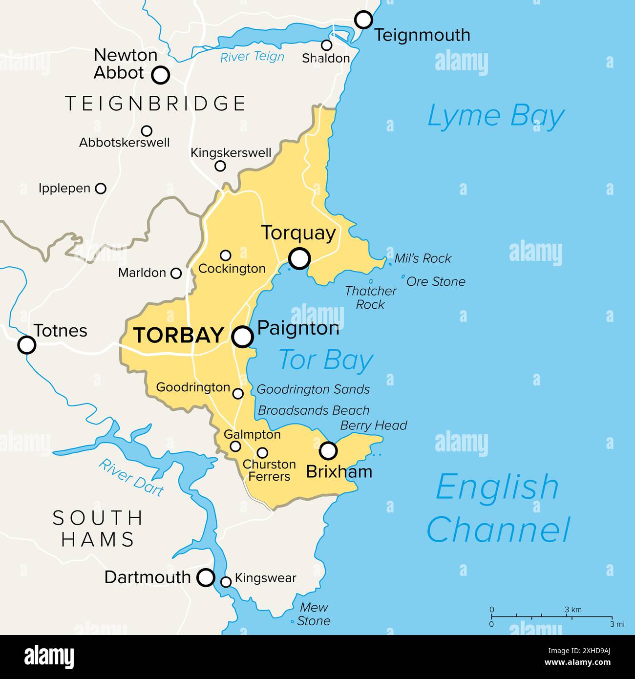 Englische Riviera in Torbay, England, politische Karte. Geopark und beliebtes Touristenziel rund um die Tor Bay am Ärmelkanal. Stockfoto