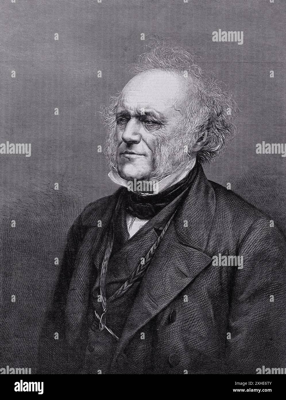 Ein detailliertes Holzstich-Porträt von Sir Charles Lyell, einem prominenten schottischen Geologen, das 1865 von W. Murden erstellt wurde. Stockfoto