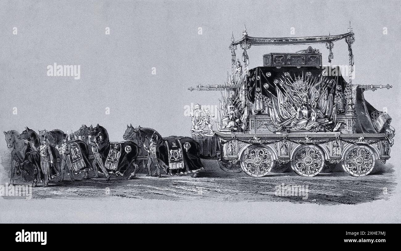 Ein Holzstich zeigt die Trauerprozession des Duke of Wellington mit einer schwer verzierten Kutsche, die den Sarg trägt und von Pferden gezogen wird. Die Kutsche ist mit zahlreichen Fahnen und anderen Trauersymbolen geschmückt. Hinter der Kutsche folgt eine Reihe von Trauernden zu Fuß, einige mit Fahnen. Stockfoto
