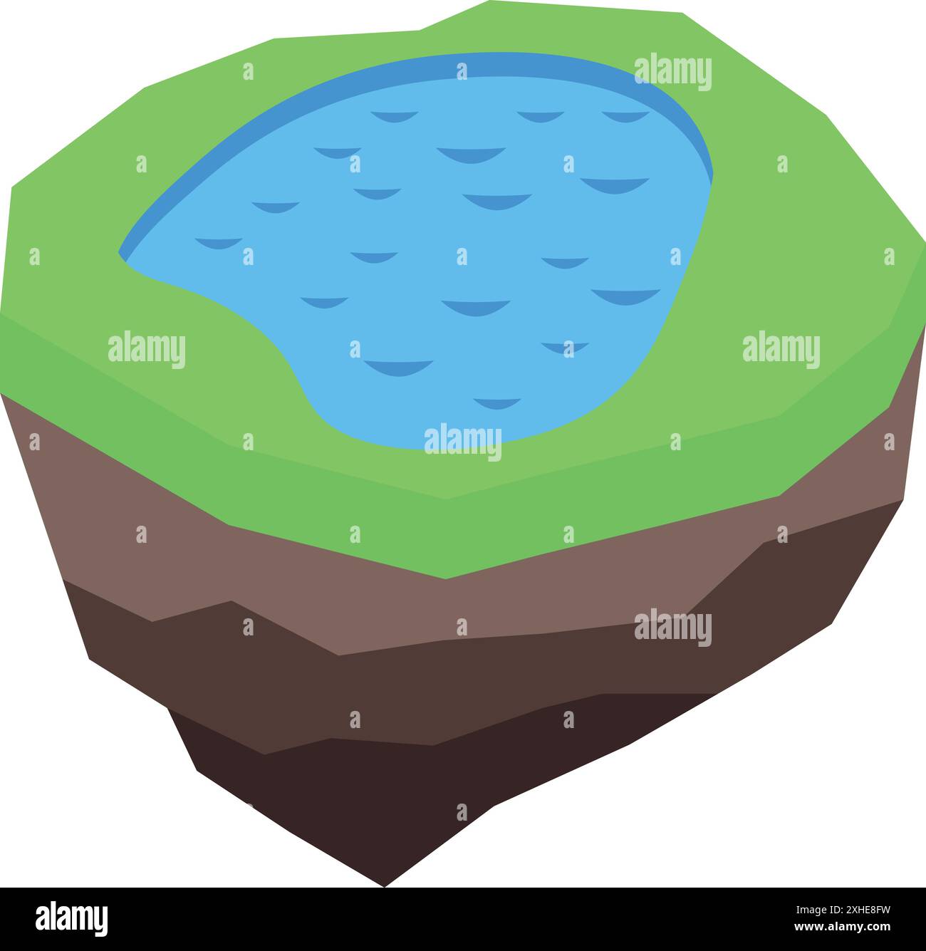 Ein Stück Land mit einem See schwimmt in der Luft und zeigt eine surreale und minimalistische Landschaft Stock Vektor