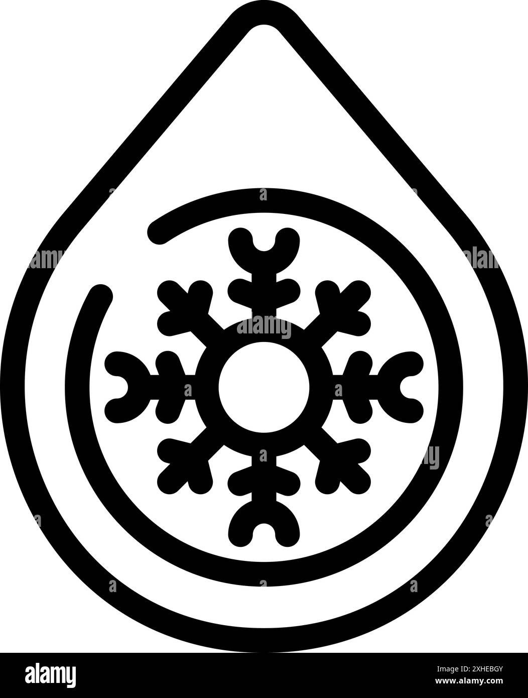 Einfaches schwarz-weißes Symbol, das eine Schneeflocke in tropfenförmiger Form darstellt und häufig zur Markierung von Lagerbereichen für gefrorene Lebensmittel verwendet wird Stock Vektor