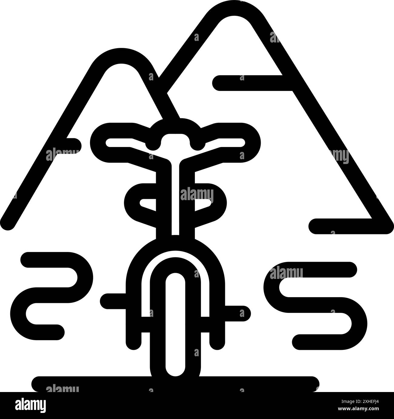 Stilisierte Illustration eines Extremradfahrers, der auf den Pedalen eines Mountainbikes steht, mit einem Berghintergrund, perfekt für extreme Sportarten und Radabenteuer Stock Vektor