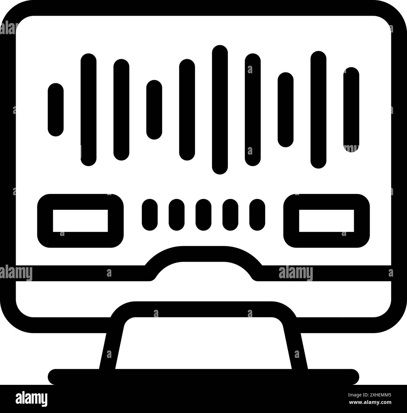 Die Benutzeroberfläche der Audiobearbeitungssoftware wird auf einem Computermonitor angezeigt und zeigt Schallwellen und Wiedergabesteuerung an Stock Vektor