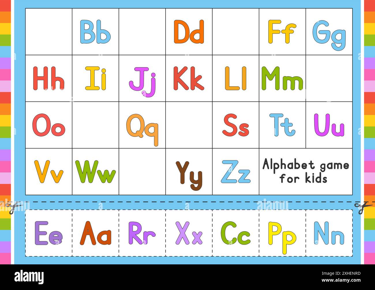 Englisches Alphabet. Vektorsatz. Helle Farben. Zeichentrickfilm ABC. Lustige handgezeichnete Schriftart. Kleinbuchstaben und Großbuchstaben Stock Vektor