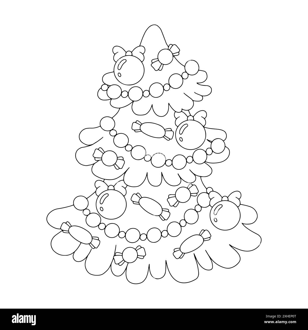 Geschmückter weihnachtsbaum. Malbuch-Seite für Kinder. Figur im Cartoon-Stil. Vektorillustration isoliert auf weißem Hintergrund. Stock Vektor