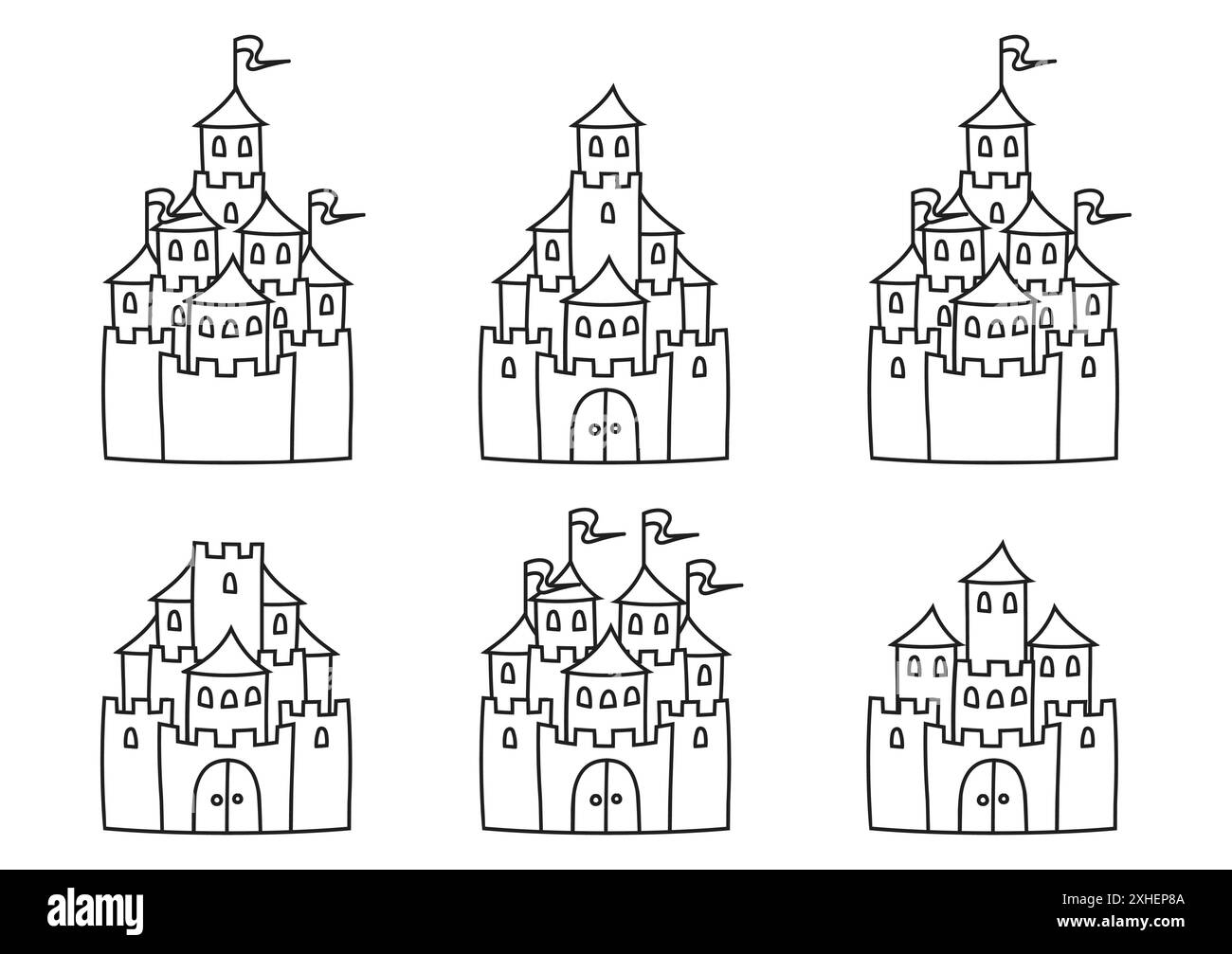 Märchenschloss. Malbuch Seite für Kinder. Cartoon-Stil. Vektordarstellung auf weißem Hintergrund isoliert. Stock Vektor