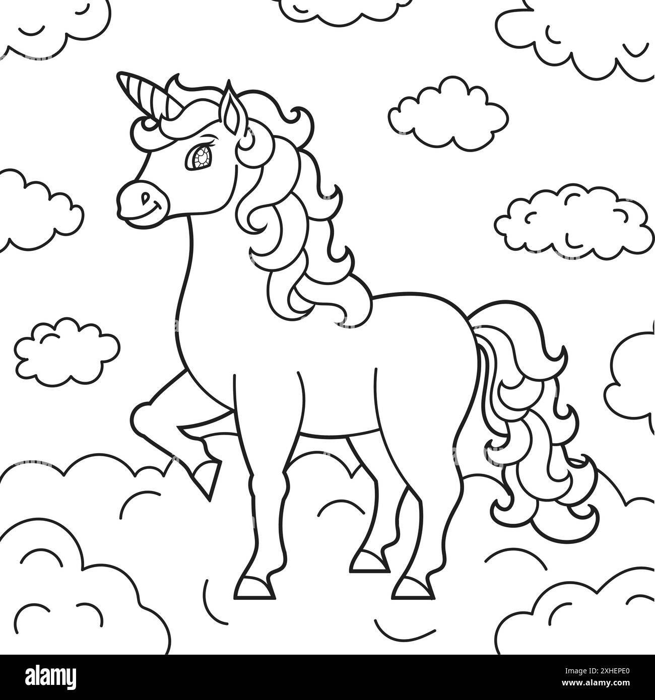 Niedliches Einhorn. Magisches Feenpferd. Malbuch Seite für Kinder. Cartoon-Stil. Vektordarstellung auf weißem Hintergrund isoliert. Stock Vektor